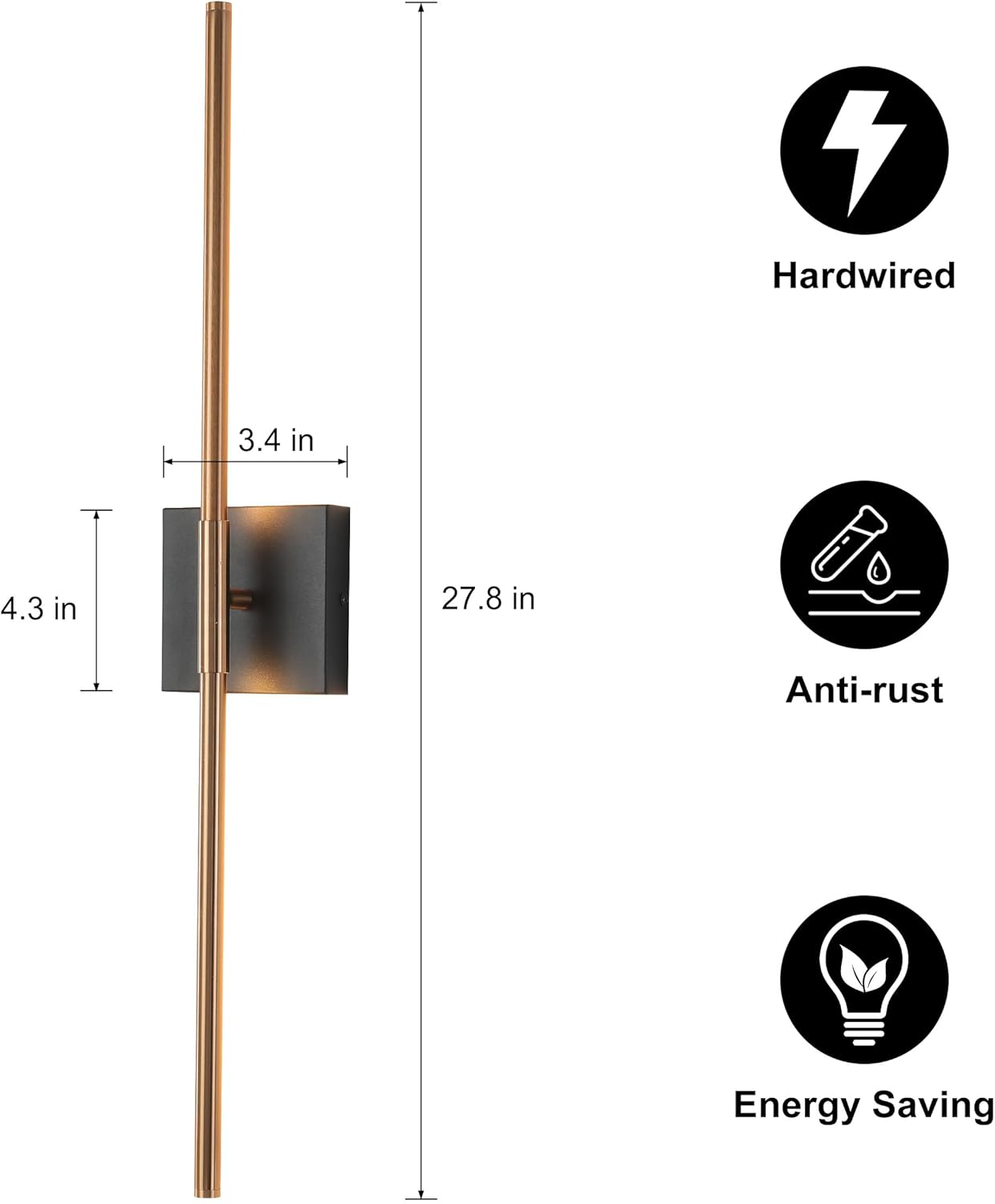 BRASS Modern Light Fixture Set of Two 27.8x4.3x3.4in Black and Brass Gold Sconces 1200Lm LED Wall Lights for Bathroom, Living Room, Corridor